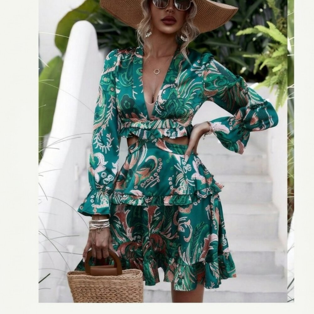 Ruffle Ham Plunging Neck Flounce Sleeve Dress